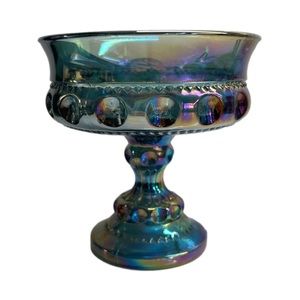 Vintage Carnival Glass Compote Kings Crown Thumbprint Blue Iridescent Pattern